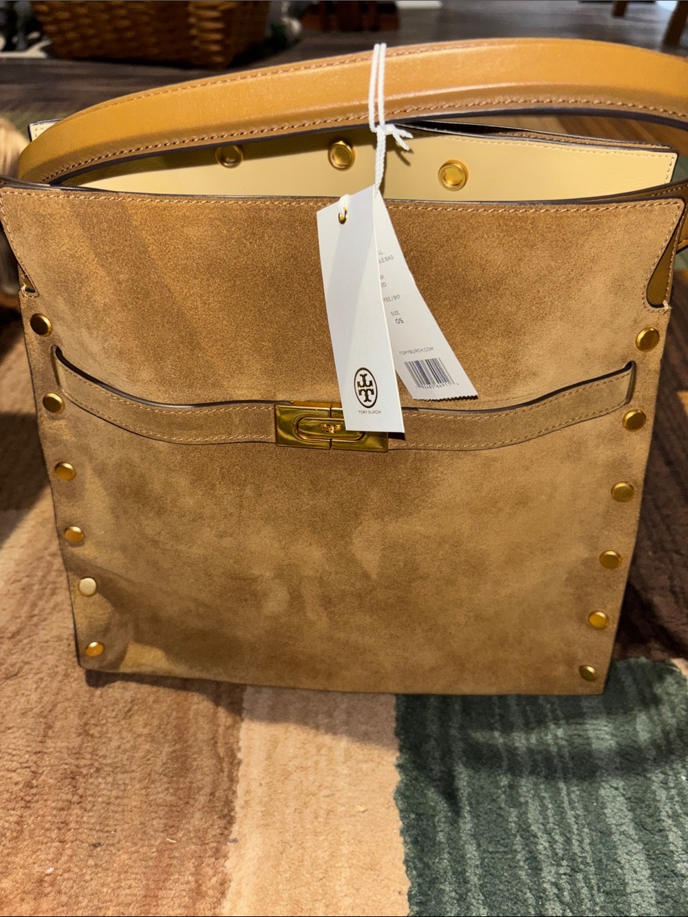 Tory Burch Lee Radzwill Suede Shoulder Bag in Tan with Gold Hardware